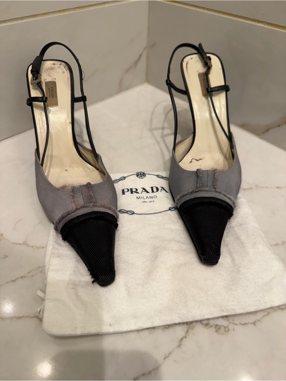 Prada Black and Light Blue Fabric Slingback Pointed Toe Heels Size 39
